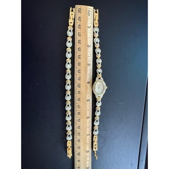 Elgin Womens Oval Yellow Gold Tone Mother Of Pearl Dial Watch Bracelet Set Vtg main image 5